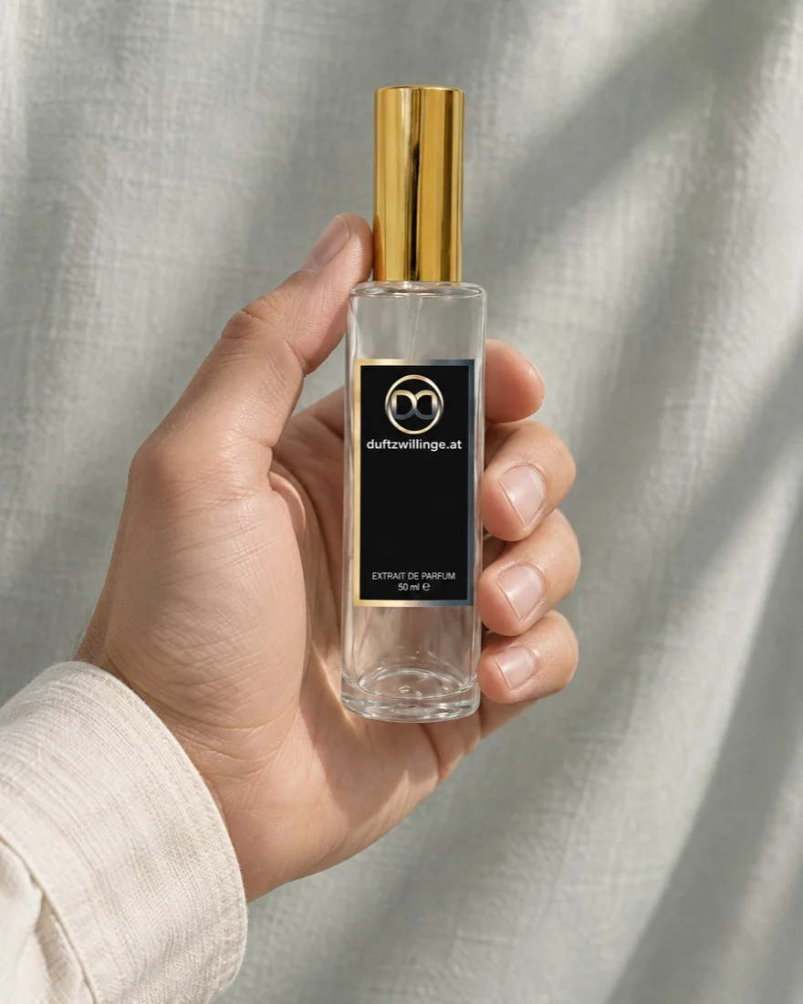 Eine Hand hält einen Duftzwillinge-Flakon mit goldener Kappe